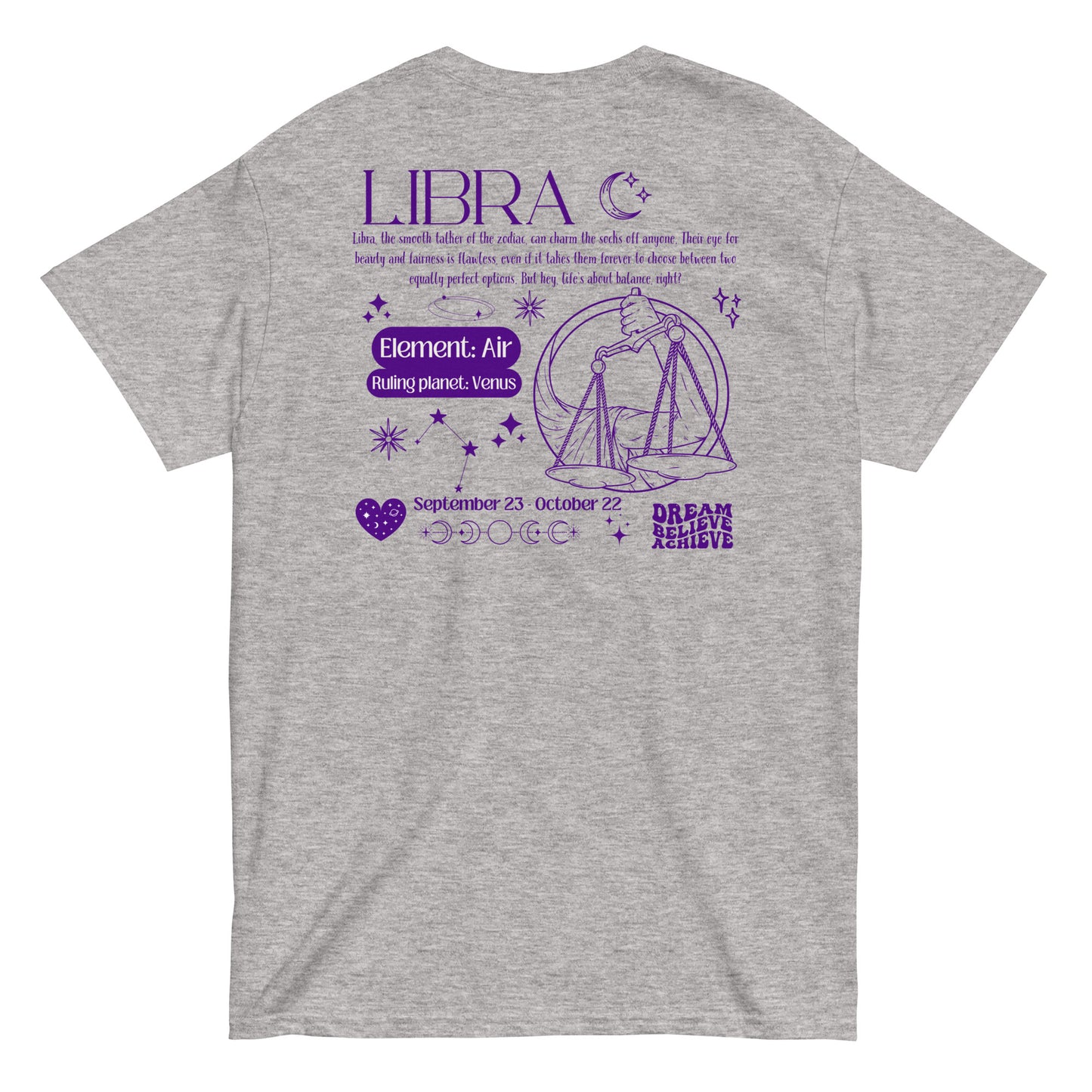 Sport grey Libra t-shirt with retro-style design on the back, featuring Libra scales, element Air, ruling planet Venus, and zodiac details.