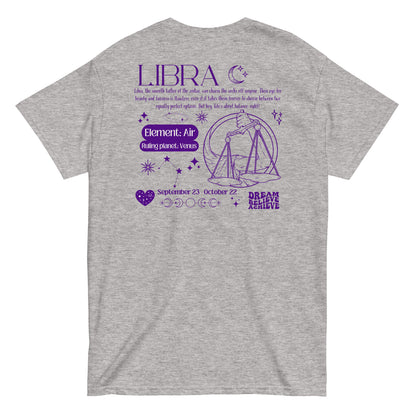 Sport grey Libra t-shirt with retro-style design on the back, featuring Libra scales, element Air, ruling planet Venus, and zodiac details.