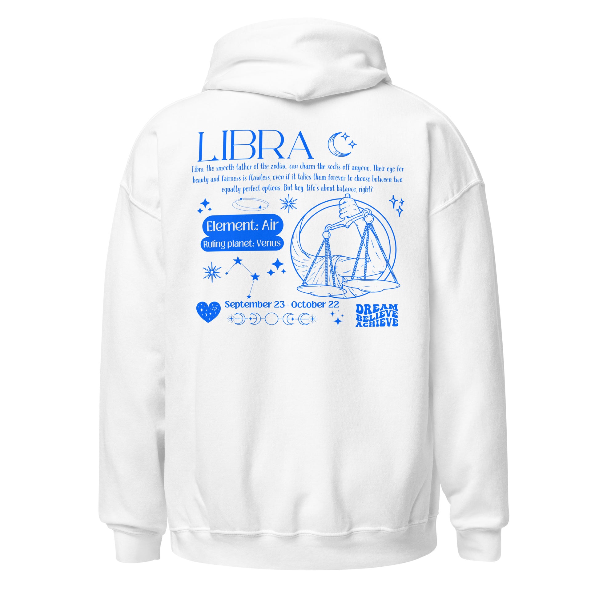 White Libra hoodie with back design featuring scales illustration, zodiac traits, and 'Libra' text in blue retro style.