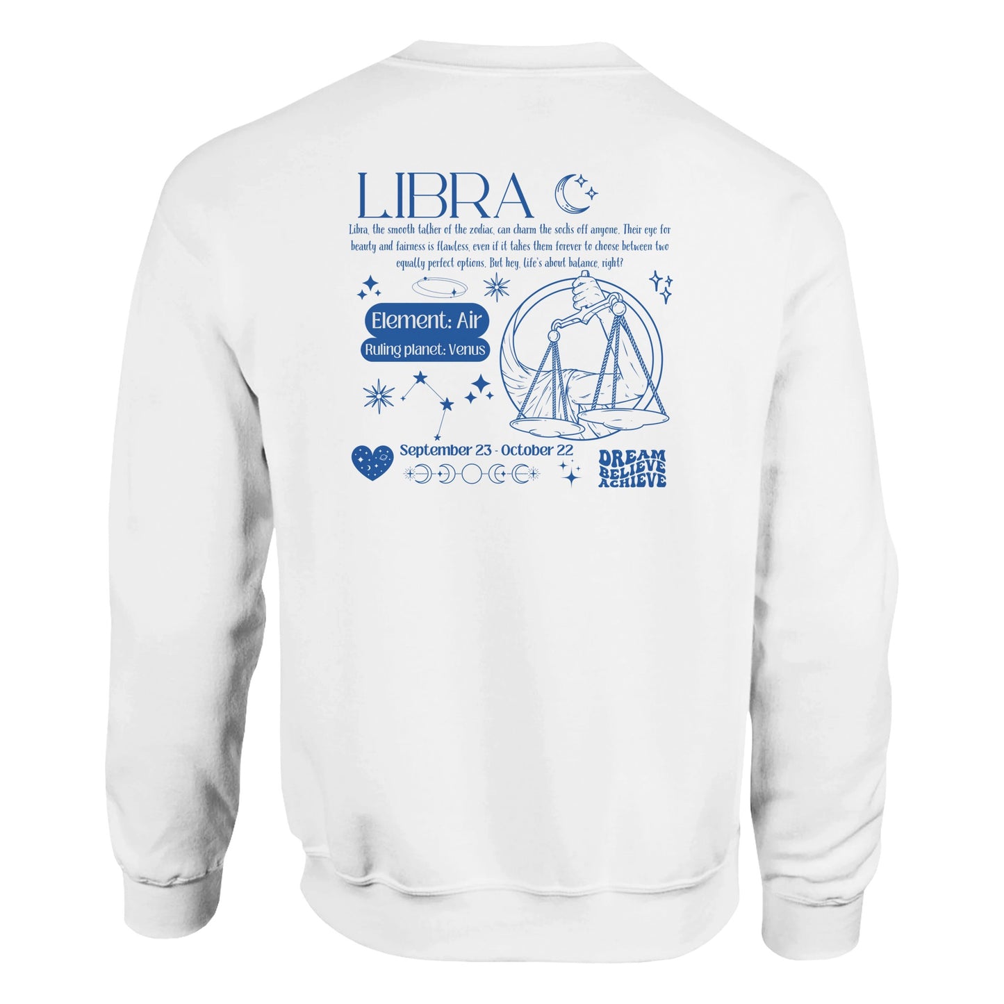 White Libra sweatshirt with retro-style back design featuring Libra scales illustration, zodiac traits, and symbols in blue.