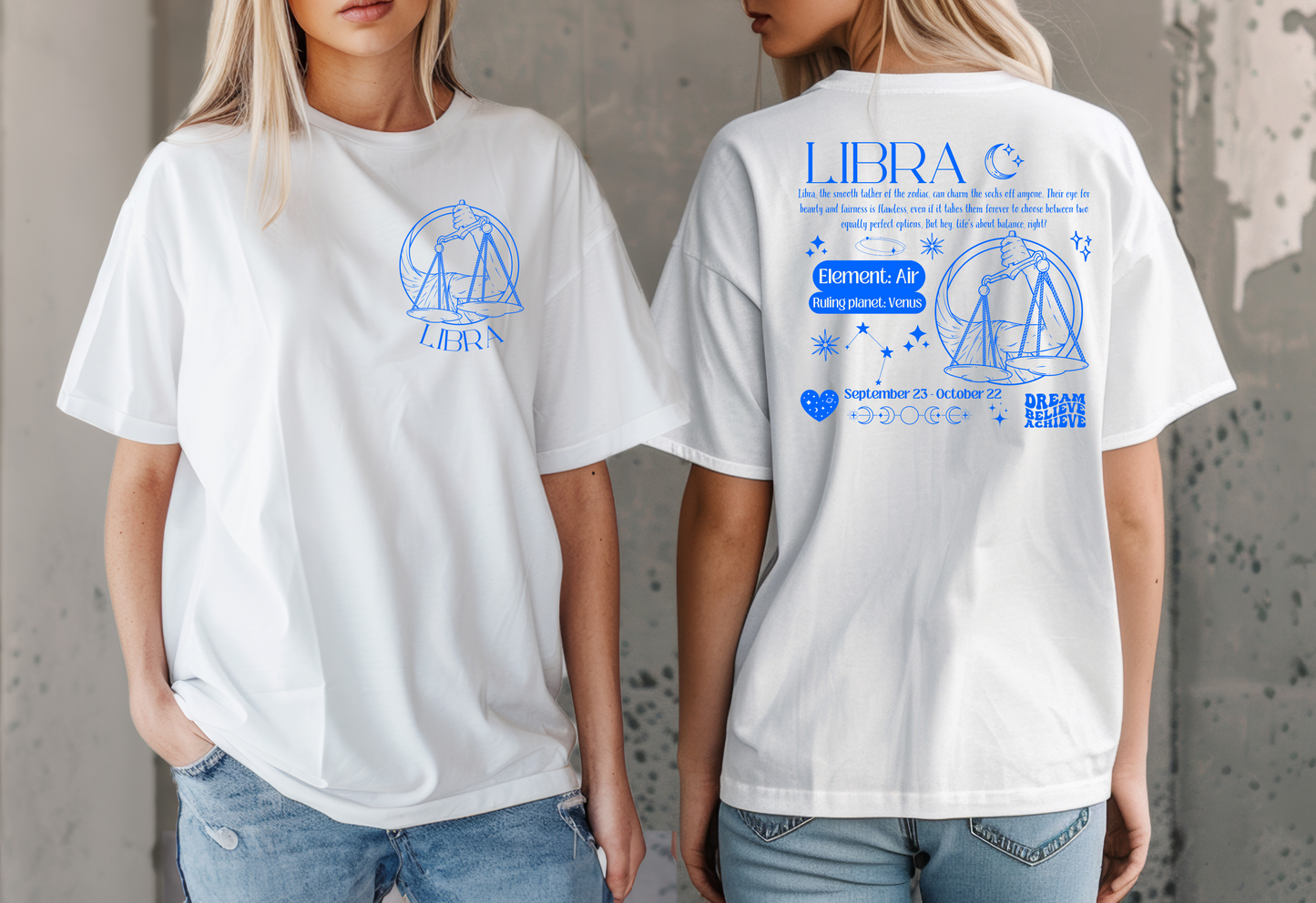 White Libra t-shirt with retro-style design on the back, featuring Libra scales, element Air, ruling planet Venus, and zodiac details.