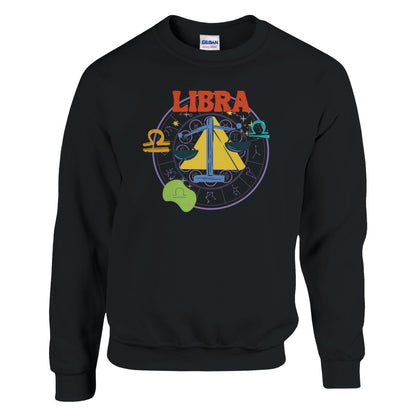 Black Libra sweatshirt with vibrant retro-style design, featuring colorful scales and Libra symbols on the front.