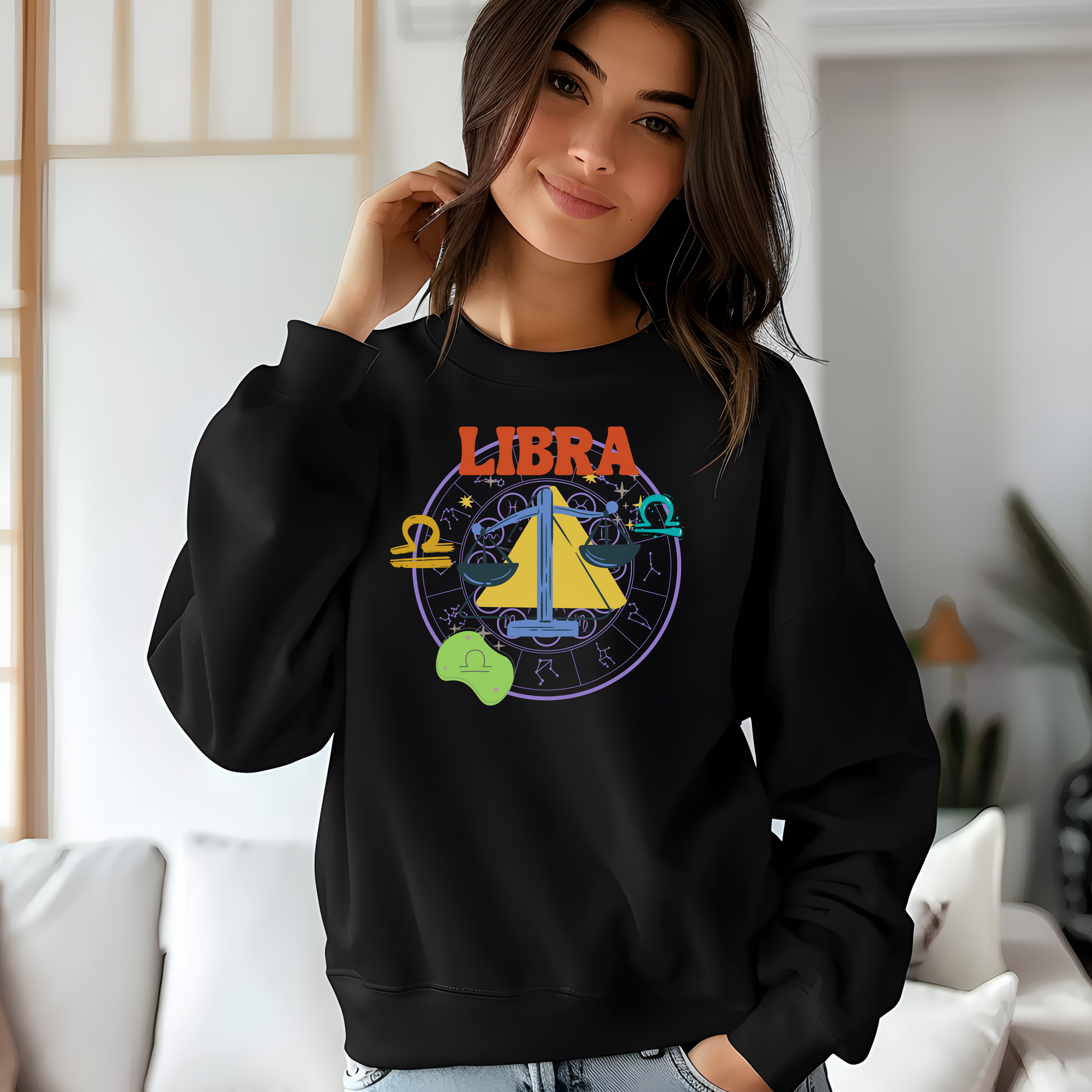 Black Libra sweatshirt with vibrant retro-style design, featuring colorful scales and Libra symbols on the front.