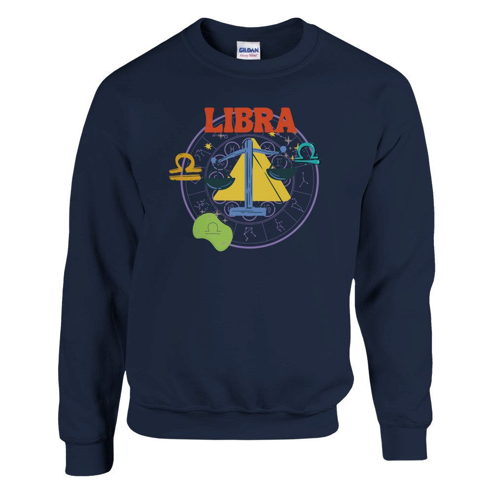 Navy Libra sweatshirt with vibrant retro-style design, featuring colorful scales and Libra symbols on the front.