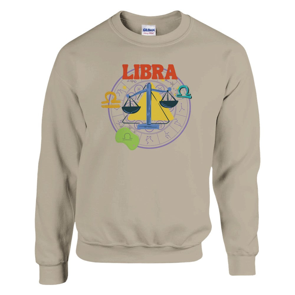 Sand Libra sweatshirt with vibrant retro-style design, featuring colorful scales and Libra symbols on the front.