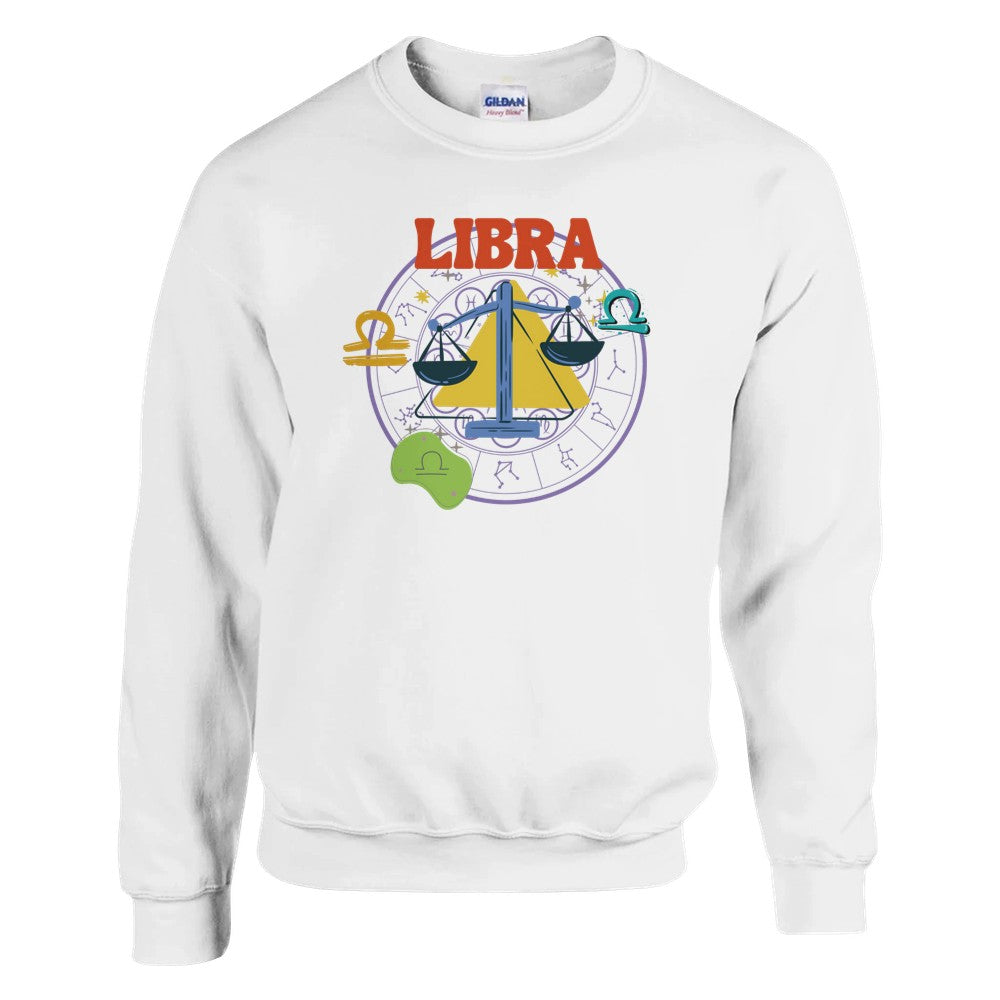 White Libra sweatshirt with vibrant retro-style design, featuring colorful scales and Libra symbols on the front.