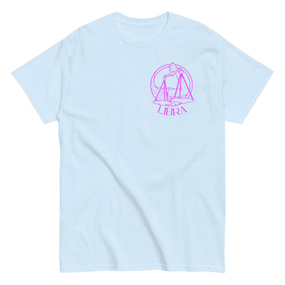 Light blue Libra t-shirt with minimal front design featuring Libra scales in a retro-style illustration.