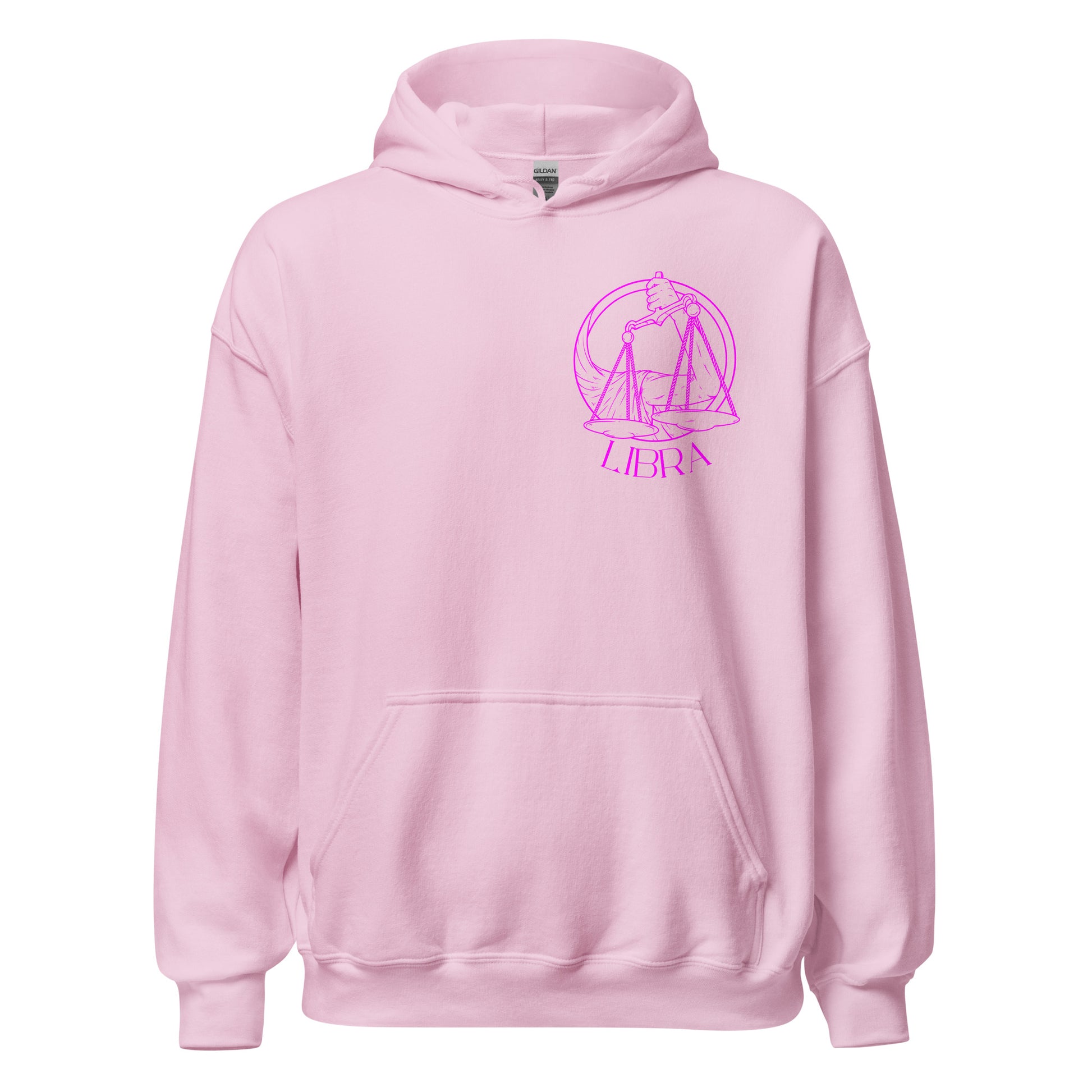 Light pink Libra hoodie with front design featuring scales illustration and 'Libra' text in dark pink retro style.