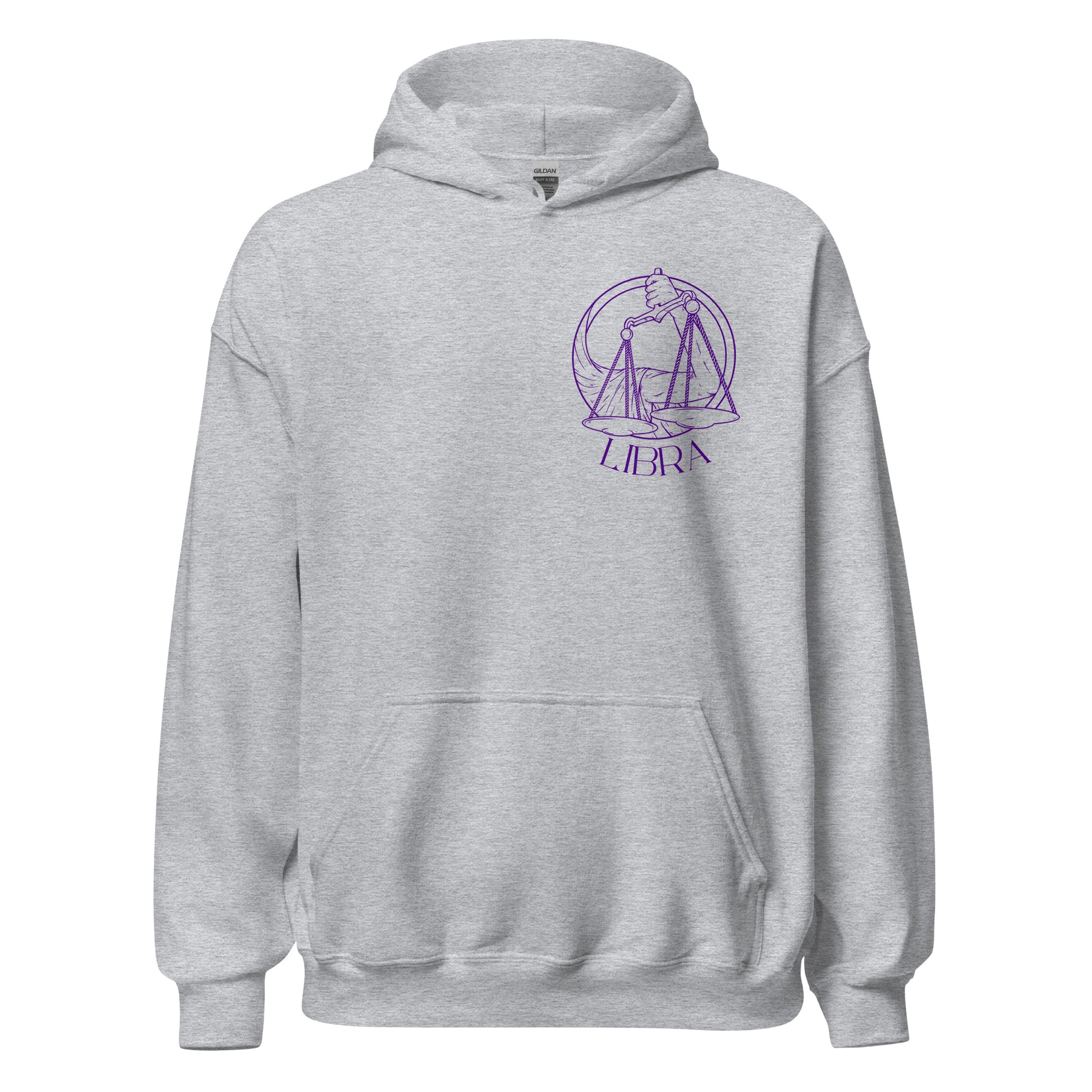 Sport grey Libra hoodie with front design featuring scales illustration and 'Libra' text in purple retro style.