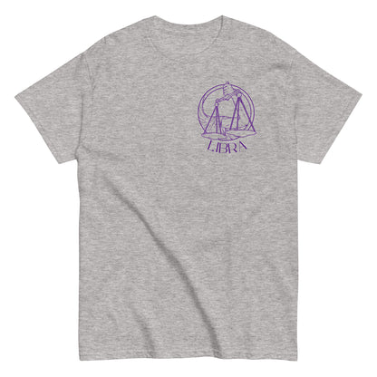 Sport grey Libra t-shirt with minimal front design featuring Libra scales in a retro-style illustration.