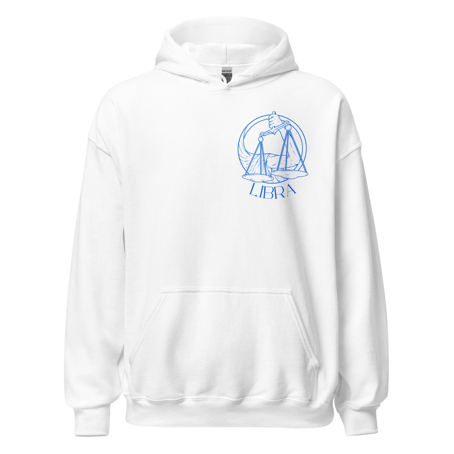 White Libra hoodie with front design featuring scales illustration and 'Libra' text in blue retro style.