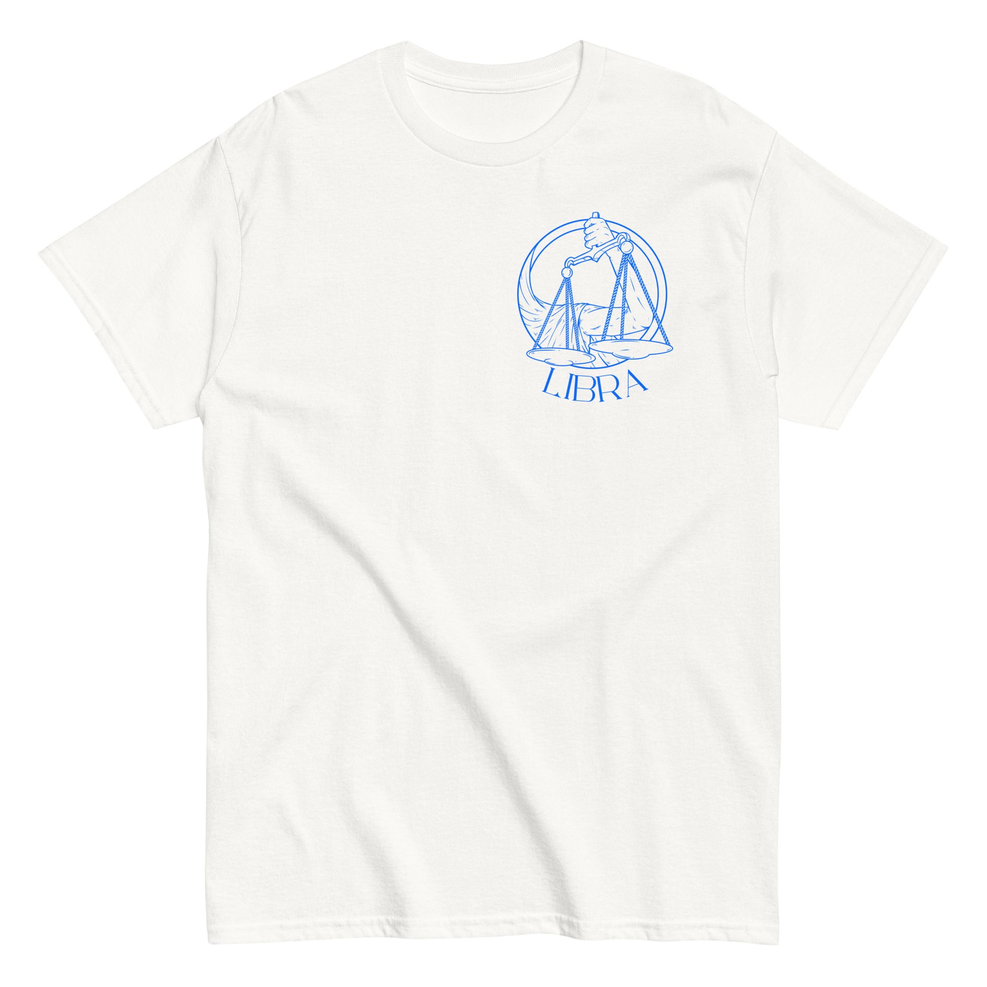 White Libra t-shirt with minimal front design featuring Libra scales in a retro-style illustration.