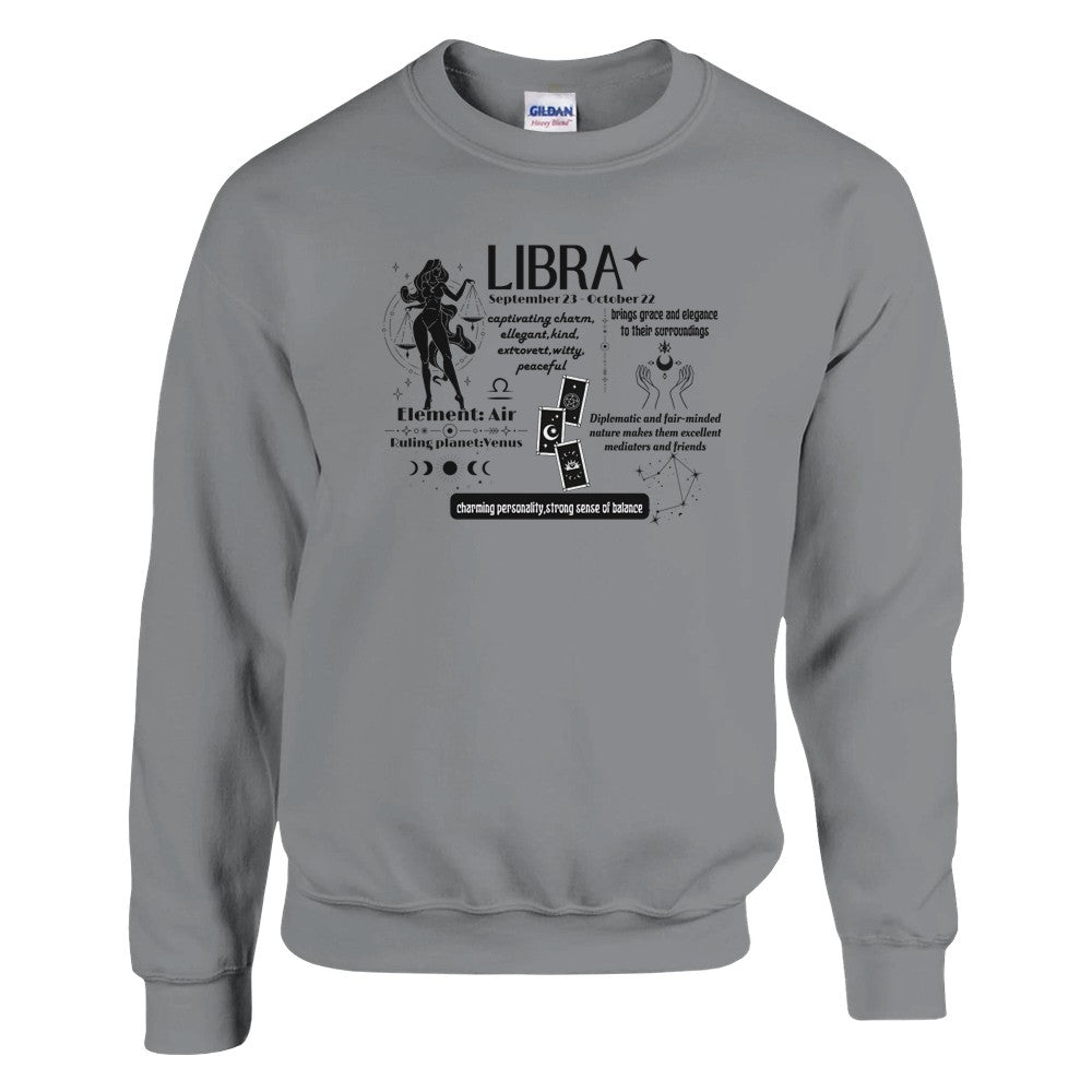 Front of sport grey Libra sweatshirt with detailed astrological traits, including charming personality and strong sense of balance, and symbols for element Air and ruling planet Venus.