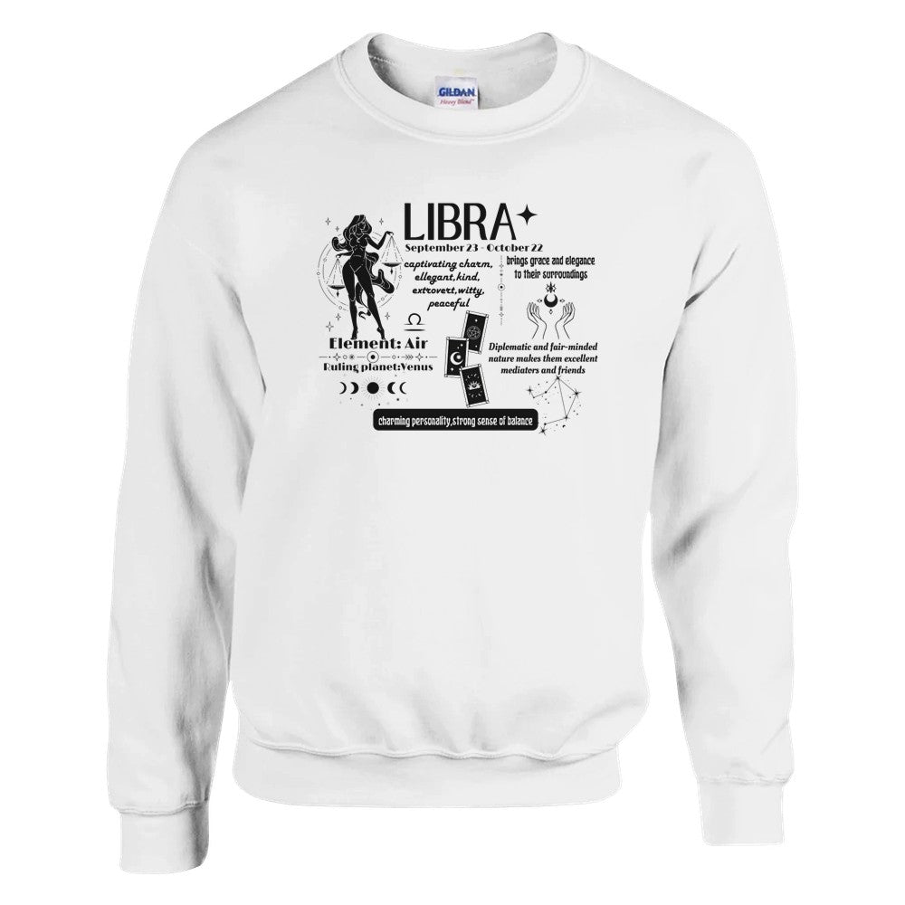 Front of white Libra sweatshirt with detailed astrological traits, including charming personality and strong sense of balance, and symbols for element Air and ruling planet Venus.