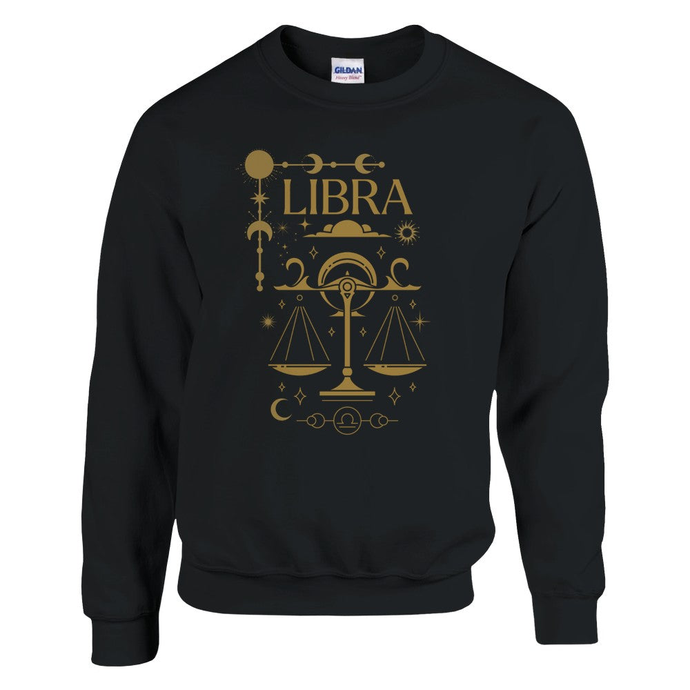 Front of black Libra sweatshirt featuring a glamour design with celestial scales and zodiac symbols in brown.