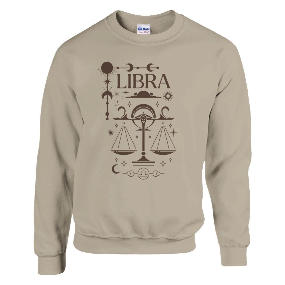 Front of sand Libra sweatshirt featuring a glamour design with celestial scales and zodiac symbols in brown.