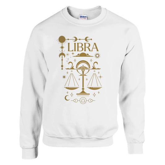 Front of white Libra sweatshirt featuring a glamour design with celestial scales and zodiac symbols in brown.