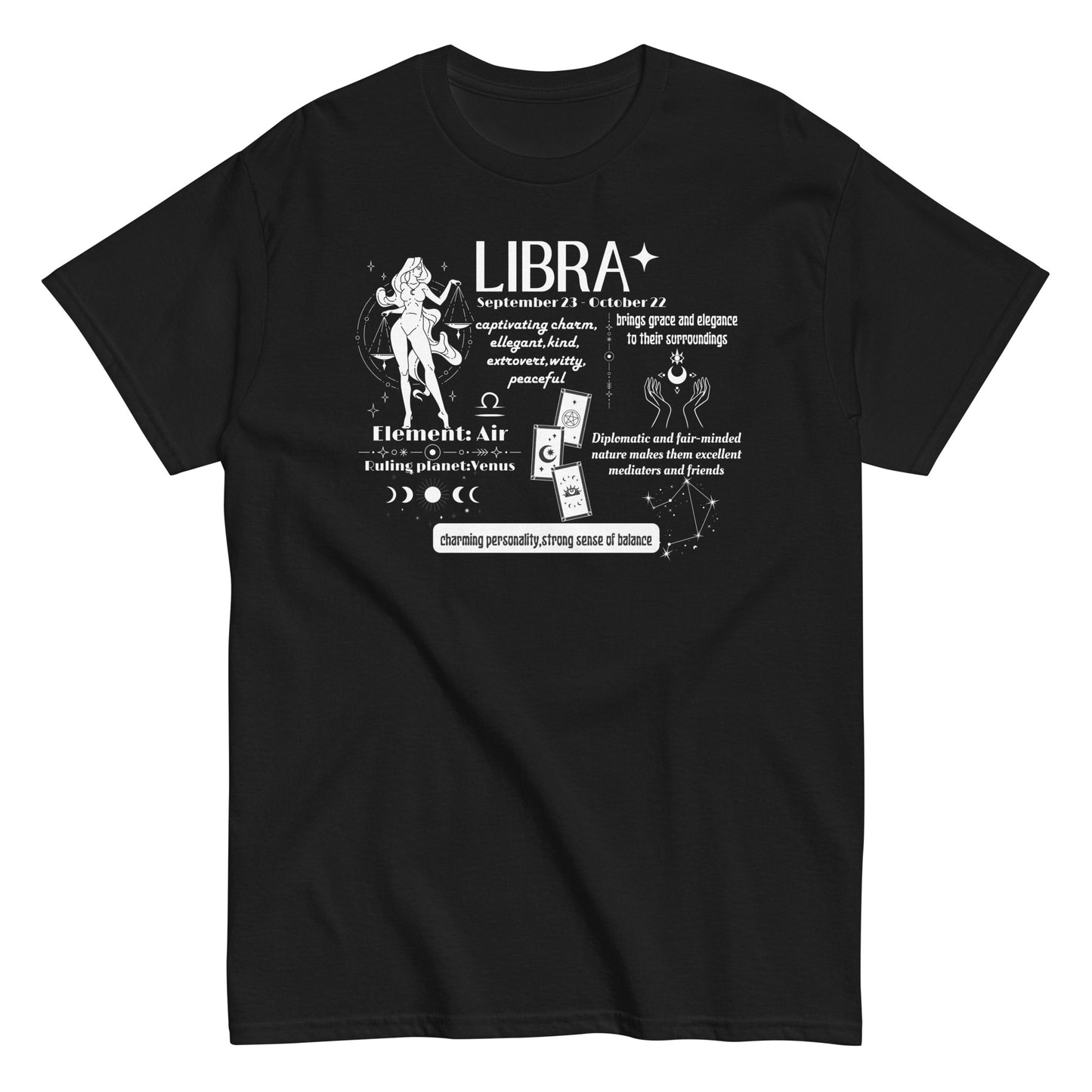 Front of black Libra t-shirt with astrological traits, including charm, balance, and elegance, featuring symbols for element Air and ruling planet Venus.