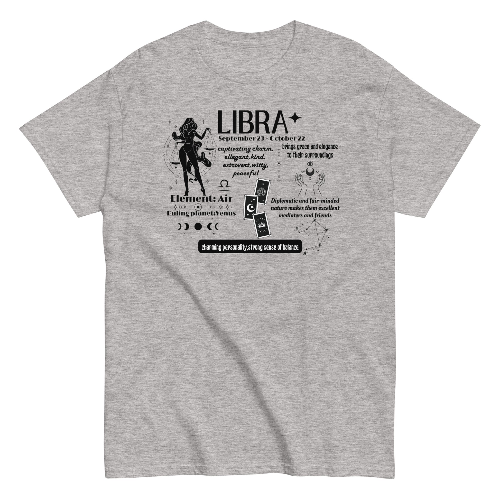 Front of sport grey Libra t-shirt with astrological traits, including charm, balance, and elegance, featuring symbols for element Air and ruling planet Venus.