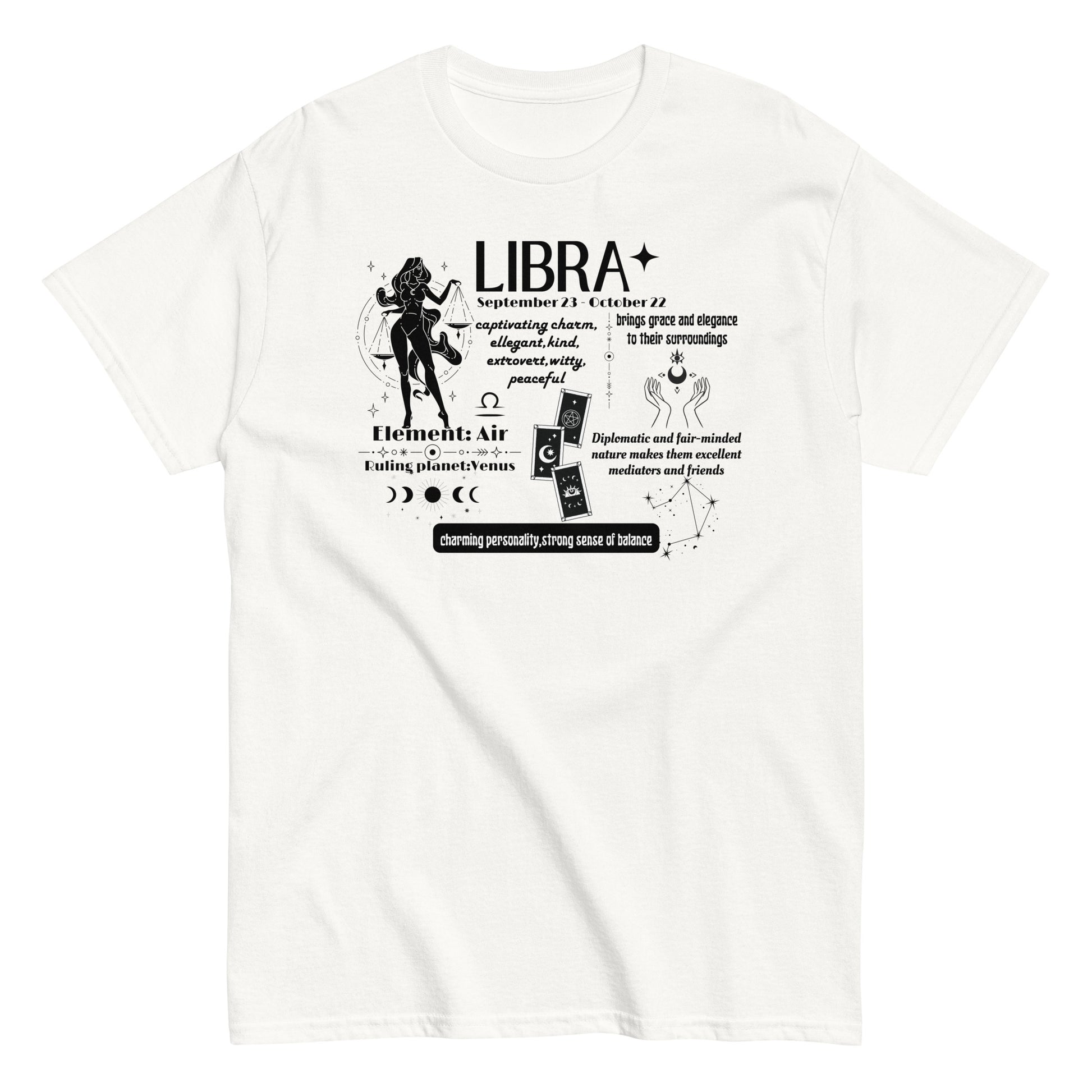 Front of white Libra t-shirt with astrological traits, including charm, balance, and elegance, featuring symbols for element Air and ruling planet Venus.