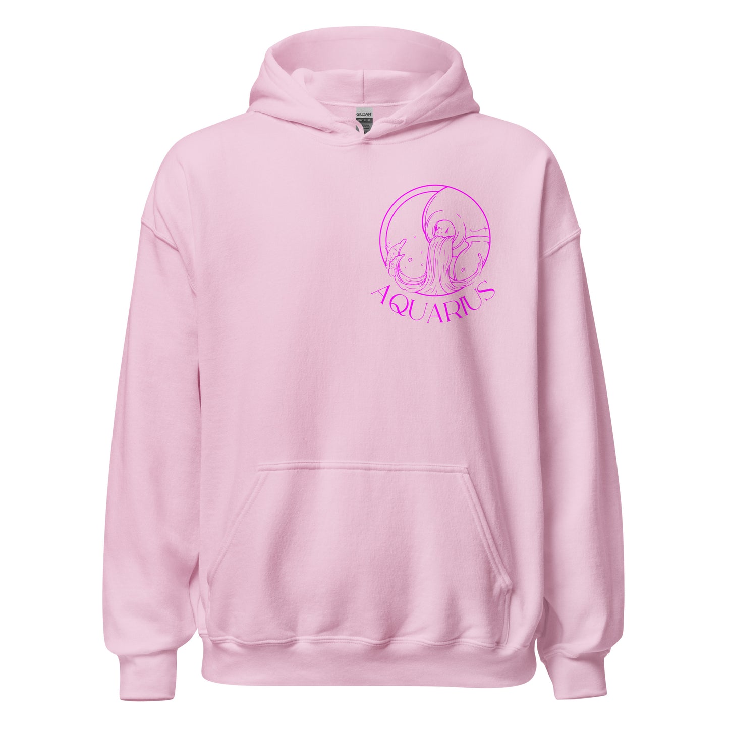 Front of light pink Aquarius Y2K hoodie with dark pink retro Aquarius symbol and zodiac design.