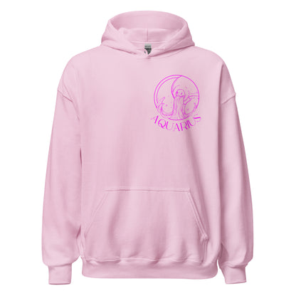 Front of light pink Aquarius Y2K hoodie with dark pink retro Aquarius symbol and zodiac design.