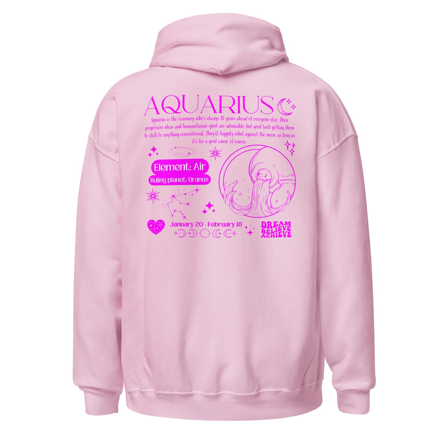 Back of light pink Aquarius Y2K hoodie with dark pink retro zodiac design, featuring Aquarius symbol, Air element, Uranus ruling planet, and inspirational text.