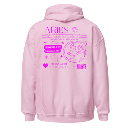 Light pink Aries hoodie with dark pink zodiac design on back, featuring Aries ram symbol, Fire element, Mars ruling planet, and motivational text.