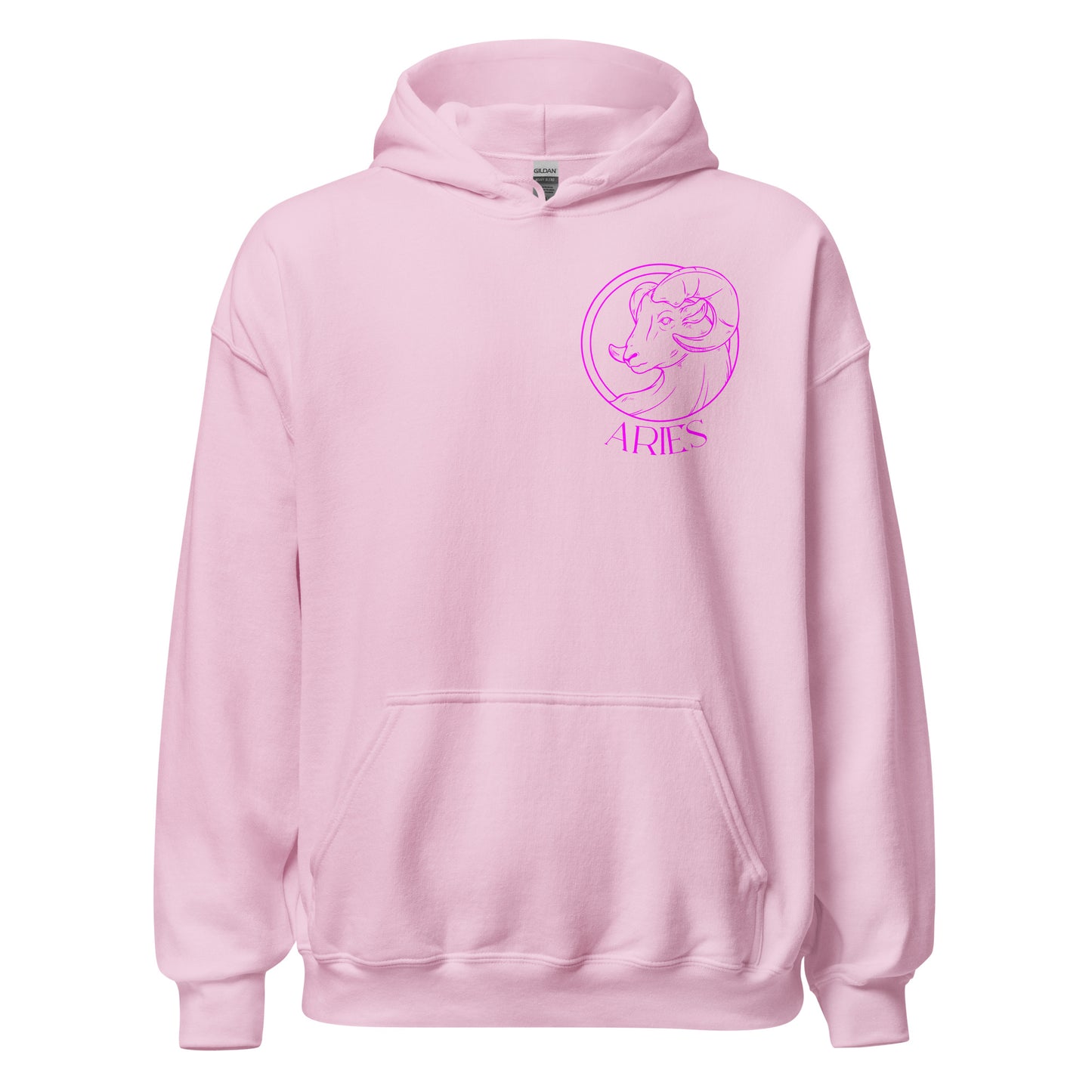 Front of light pink Aries hoodie with dark pink zodiac ram symbol and Aries text design.