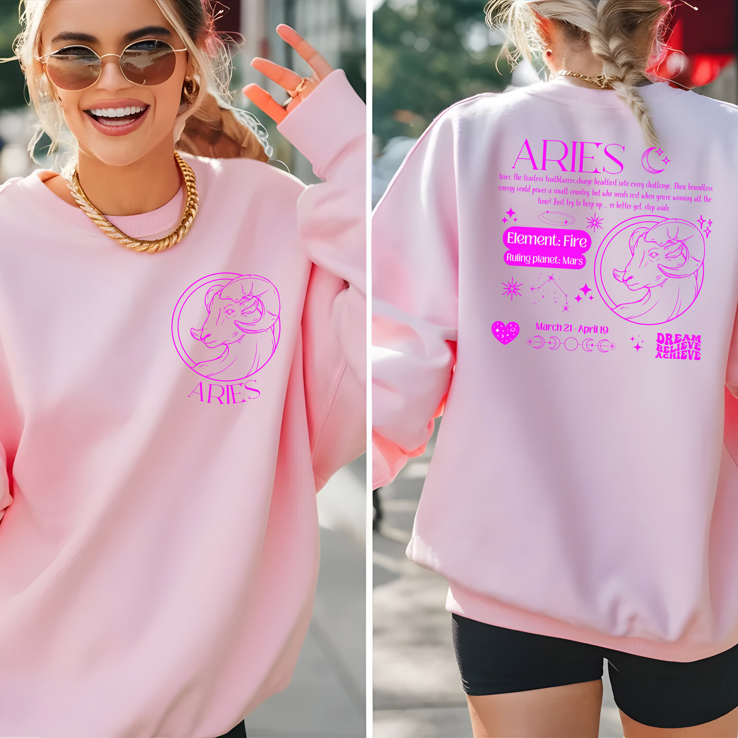 Light pink Aries sweatshirt with dark pink zodiac design on back, featuring Aries ram symbol, Fire element, Mars ruling planet, and inspirational text