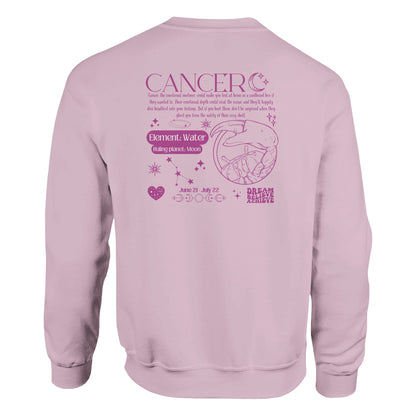 Back of light pink Cancer-themed sweatshirt featuring a retro zodiac design in dark pink, with Cancer symbol, element water, ruling planet moon, and a nurturing personality description.