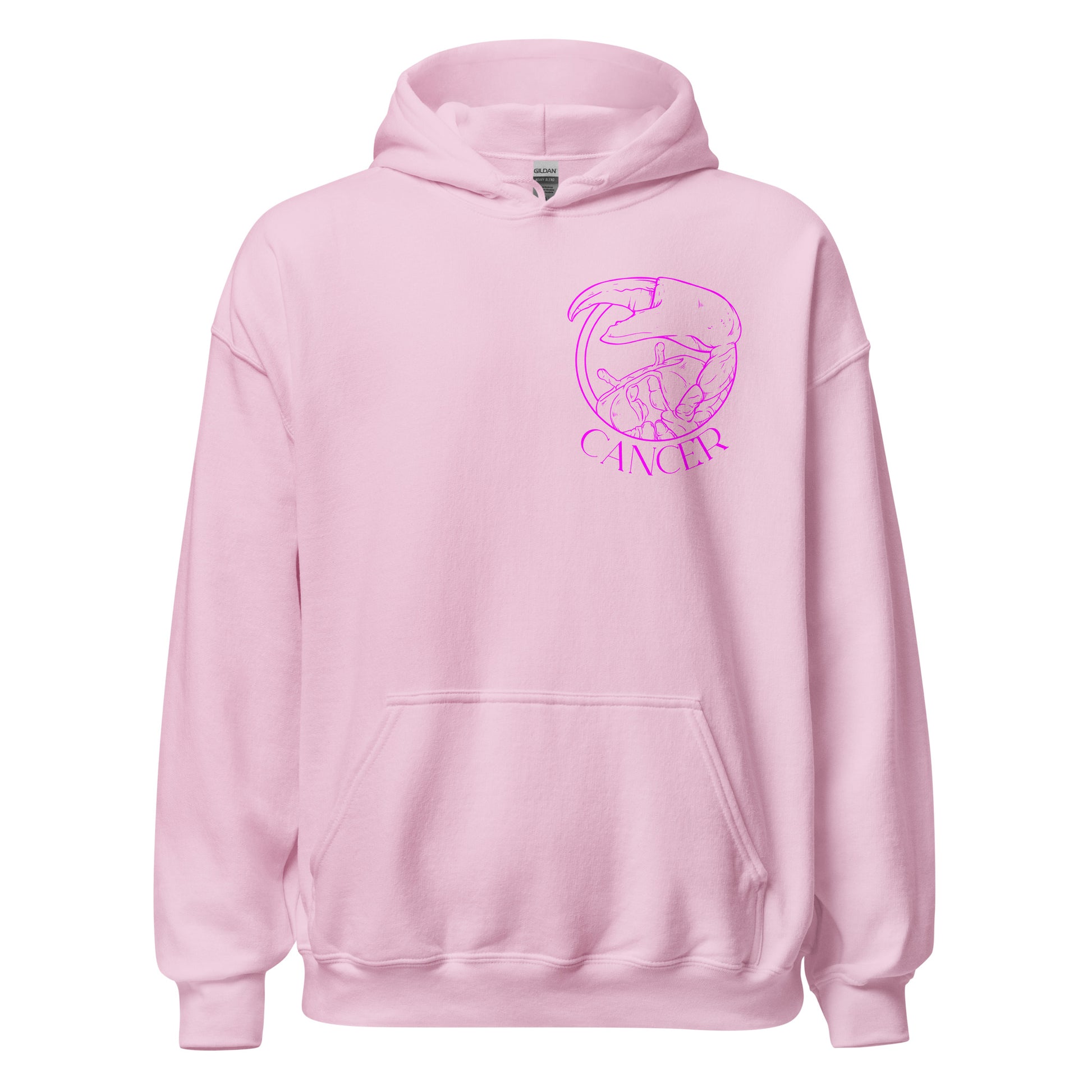 Front of light pink Cancer hoodie with minimalist Cancer zodiac symbol design.