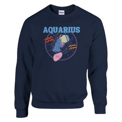 Navy blue Aquarius sweatshirt with colorful Aquarius symbol, zodiac wheel, and bold 'Aquarius' text.