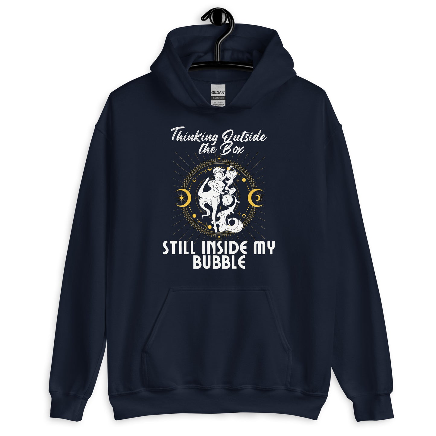 Navy blue Aquarius hoodie featuring 'Thinking Outside the Box, Still Inside My Bubble' text with retro-style Aquarius water-bearer illustration in white and gold accents.