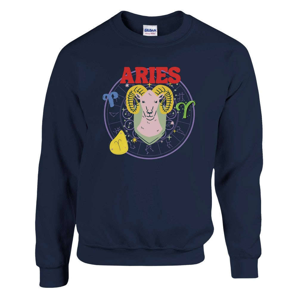 Navy blue Aries sweatshirt featuring colorful ram illustration with zodiac symbols and bold red 'Aries' text.