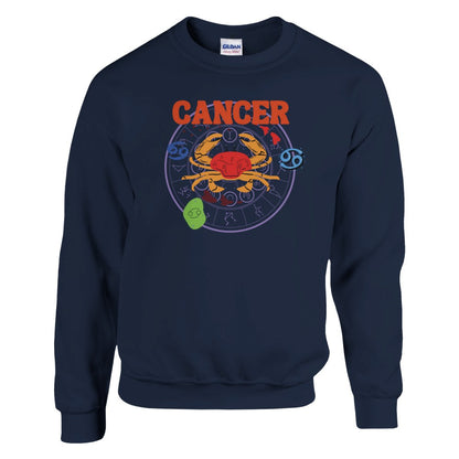 Front of navy blue Cancer-themed sweatshirt with a colorful crab illustration and zodiac symbols in retro style.