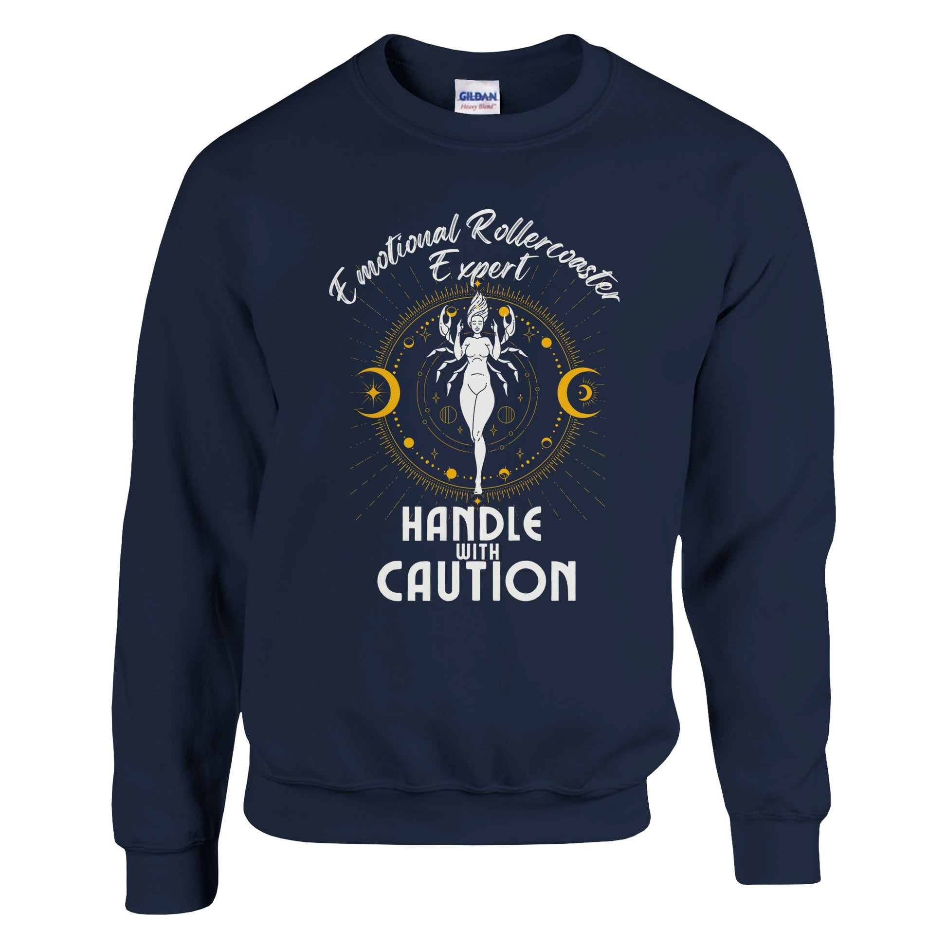 Navy blue cancer zodiac sweatshirt with 'Emotional Rollercoaster Expert' and 'Handle with Caution' text; design features Cancer symbol with celestial elements, showcasing a playful take on Cancer traits.