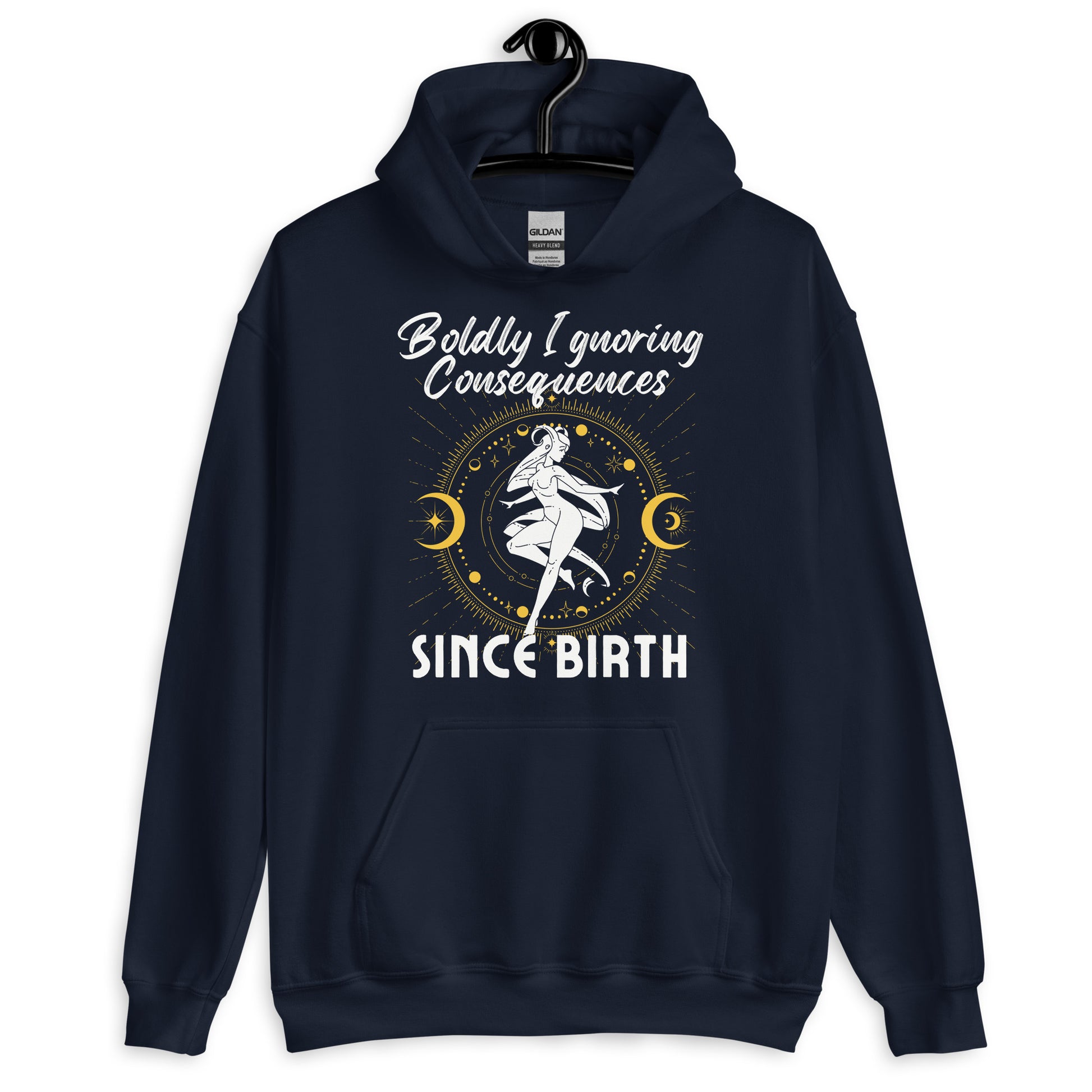 Navy blue hoodie with 'Boldly Ignoring Consequences Since Birth' text and celestial illustration.