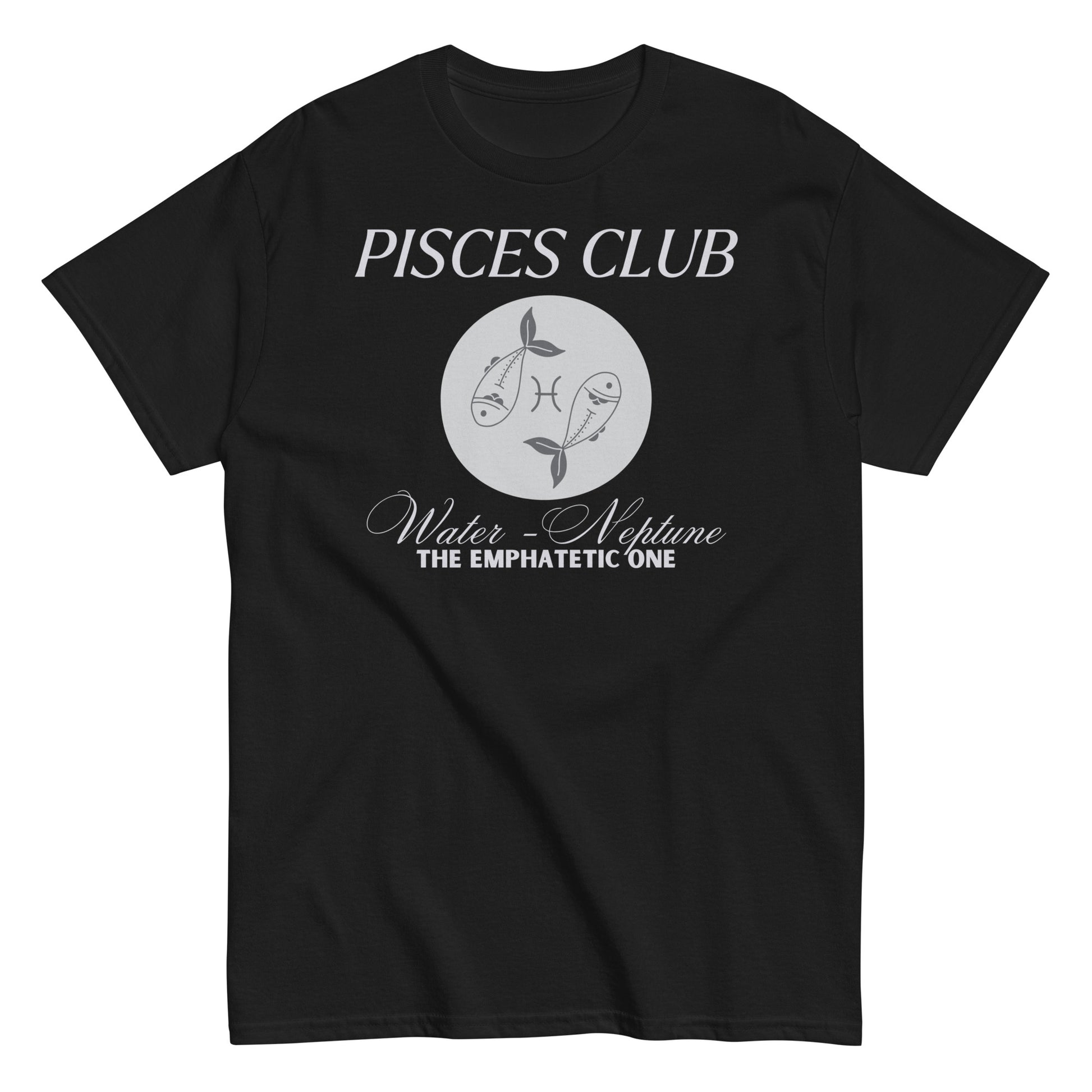 Black Pisces Club t-shirt with 'Water - Neptune' text, Pisces symbol, and 'The Empathetic One' label."