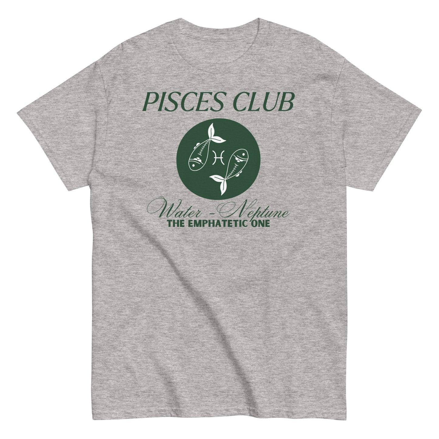 Sport grey Pisces Club t-shirt with 'Water - Neptune' text, Pisces symbol, and 'The Empathetic One' label.