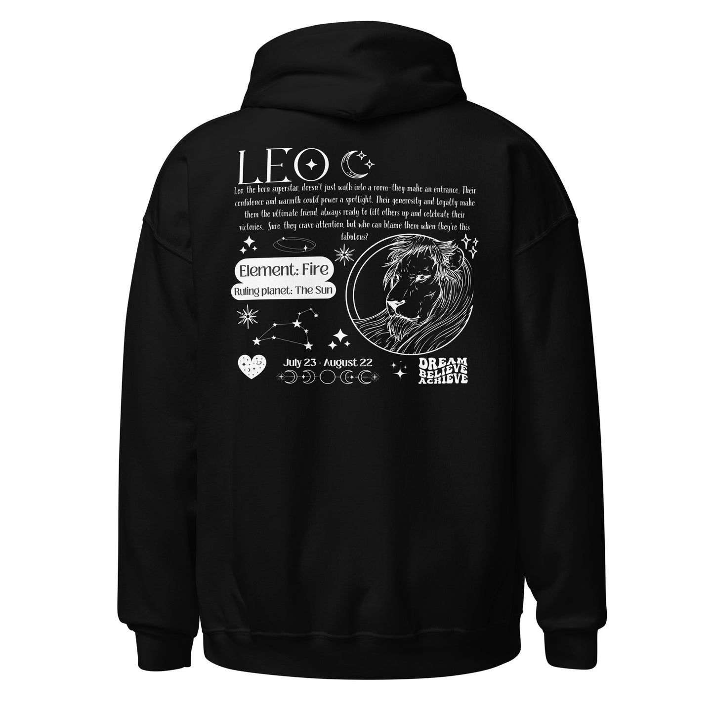 Back of black retro-style hoodie featuring Leo design with Leo symbol, element Fire, ruling planet Sun, and celestial details.