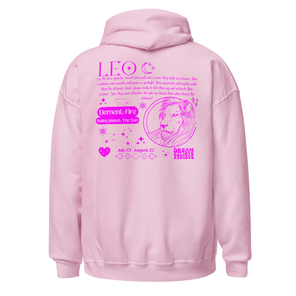 Back of light pink retro-style hoodie featuring Leo design with Leo symbol, element Fire, ruling planet Sun, and celestial details.