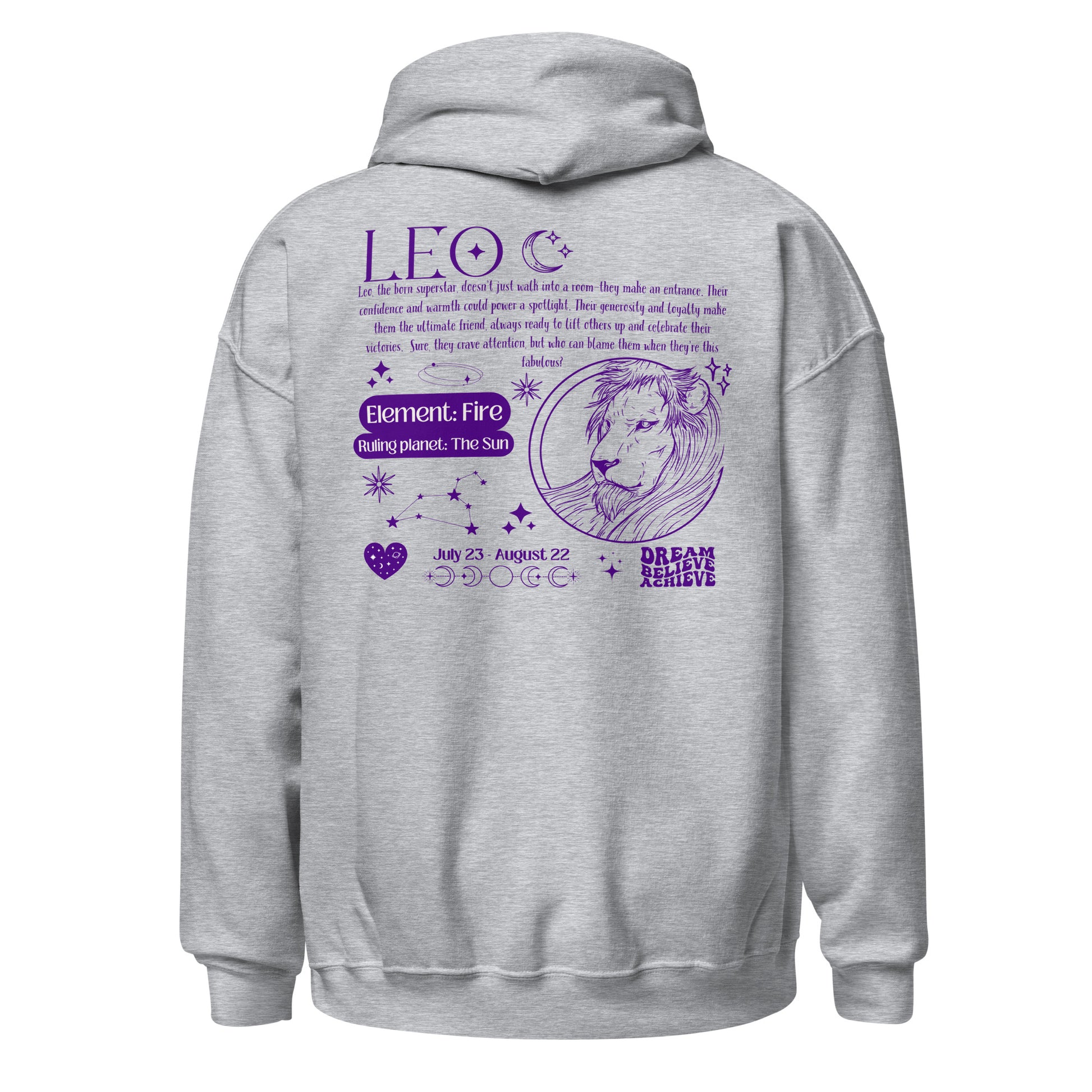 Back of sport grey retro-style hoodie featuring Leo design with Leo symbol, element Fire, ruling planet Sun, and celestial details.