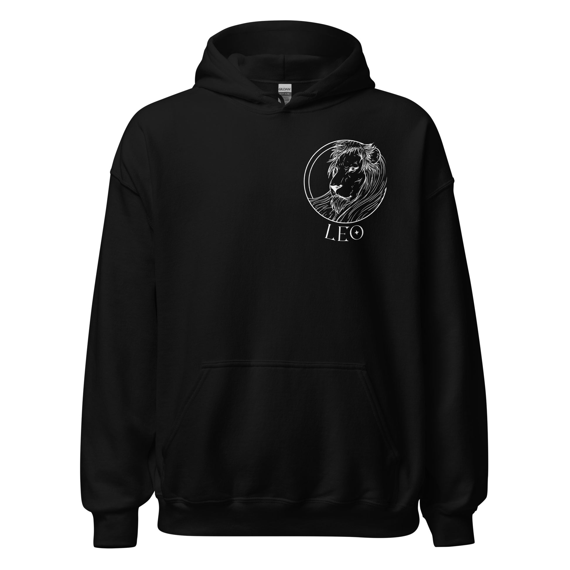 Front of black retro-style hoodie with Leo design featuring the Leo symbol and minimalist lion graphic.