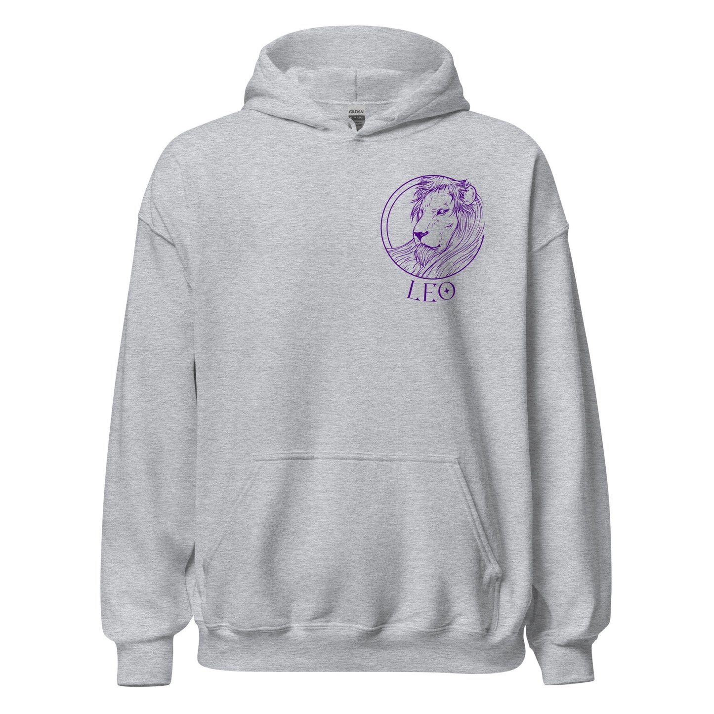 Front of sport grey retro-style hoodie with Leo design featuring the Leo symbol and minimalist lion graphic.