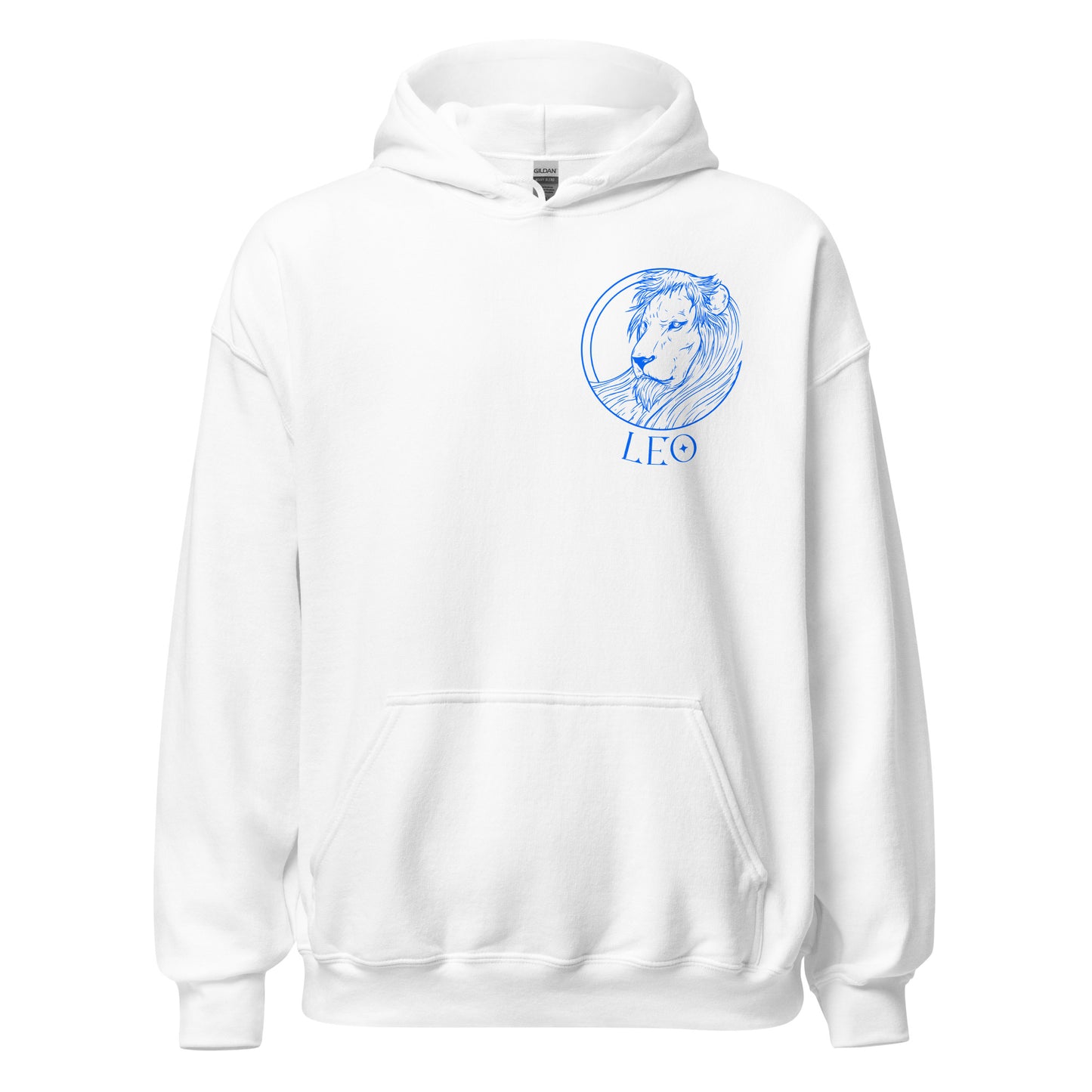 Front of white retro-style hoodie with Leo design featuring the Leo symbol and minimalist lion graphic.