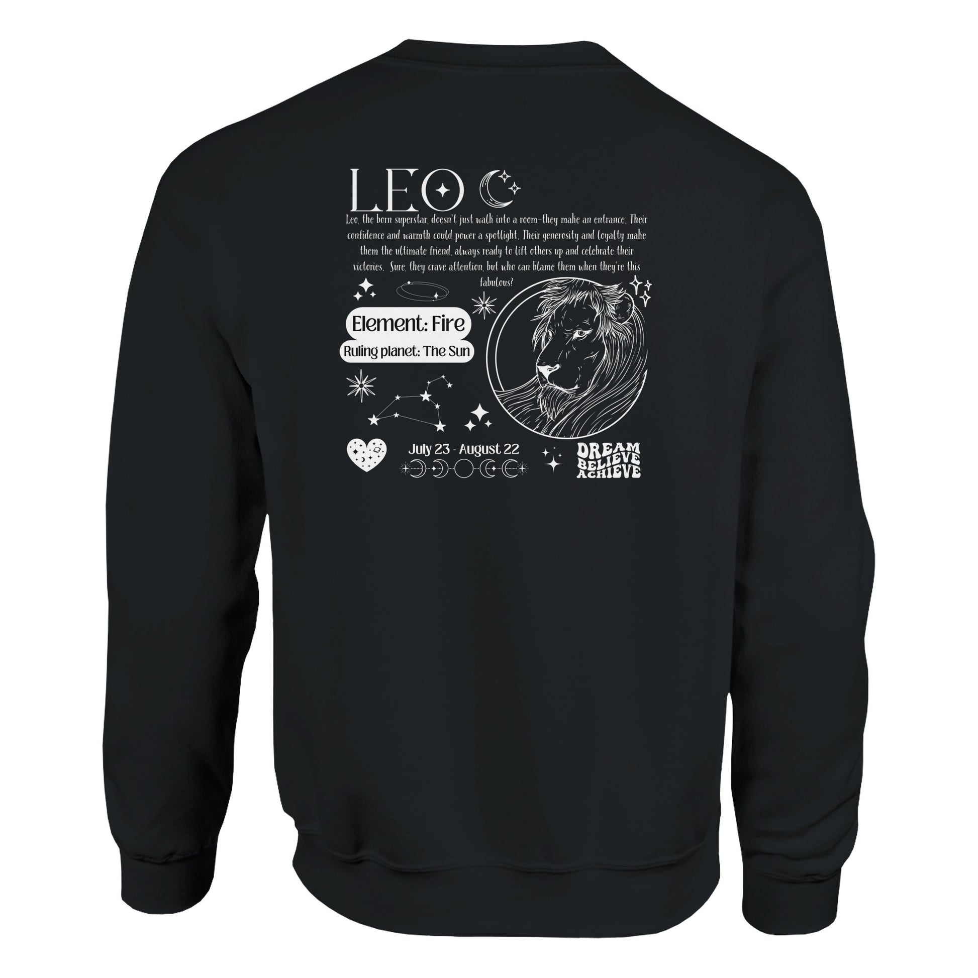 Back of black retro-style sweatshirt with Leo design featuring Leo symbol, lion illustration, element fire, ruling planet sun, and Leo traits.