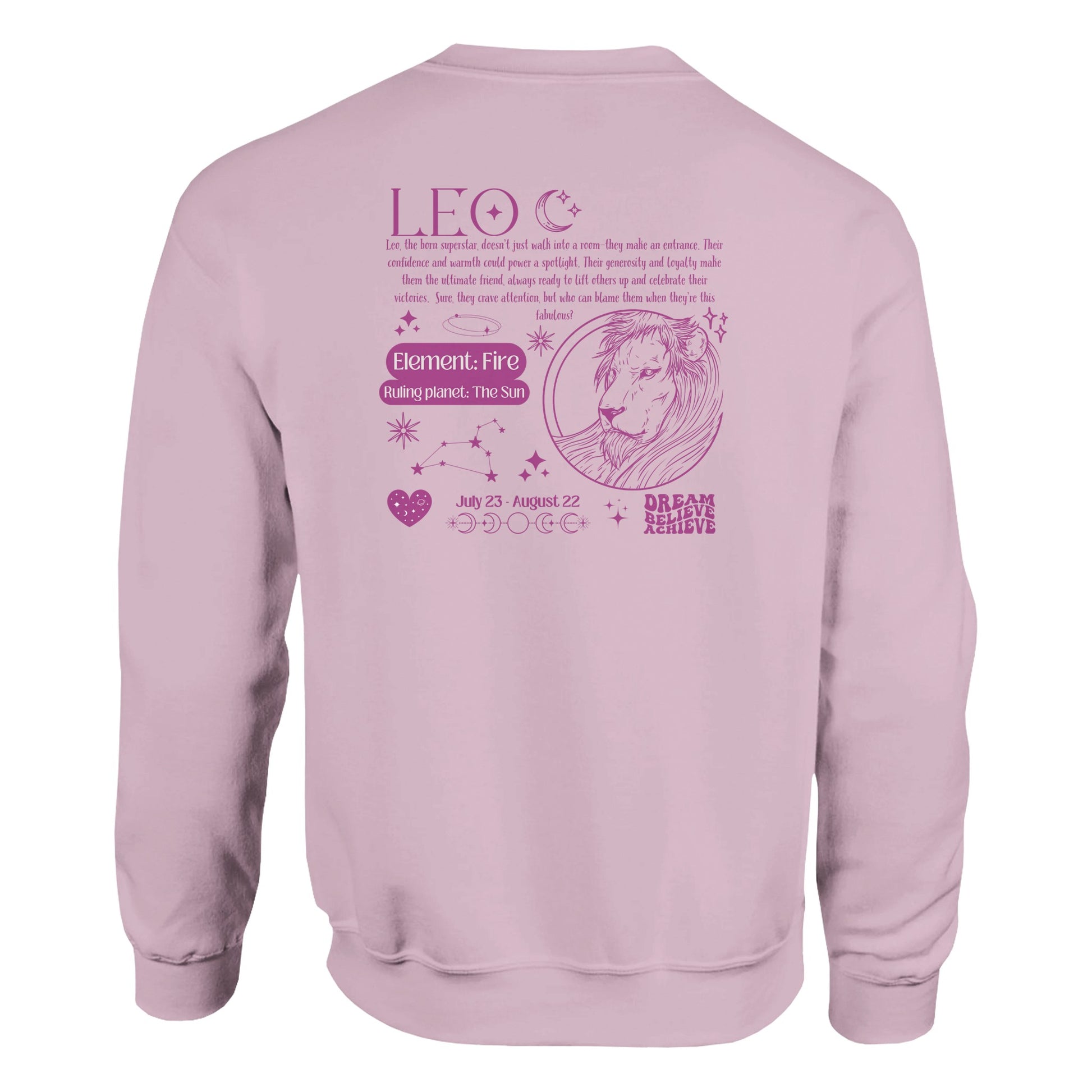 Back of light pink retro-style sweatshirt with Leo design featuring Leo symbol, lion illustration, element fire, ruling planet sun, and Leo traits.