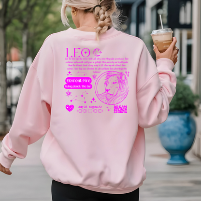 Back of light pink retro-style sweatshirt with Leo design featuring Leo symbol, lion illustration, element fire, ruling planet sun, and Leo traits.