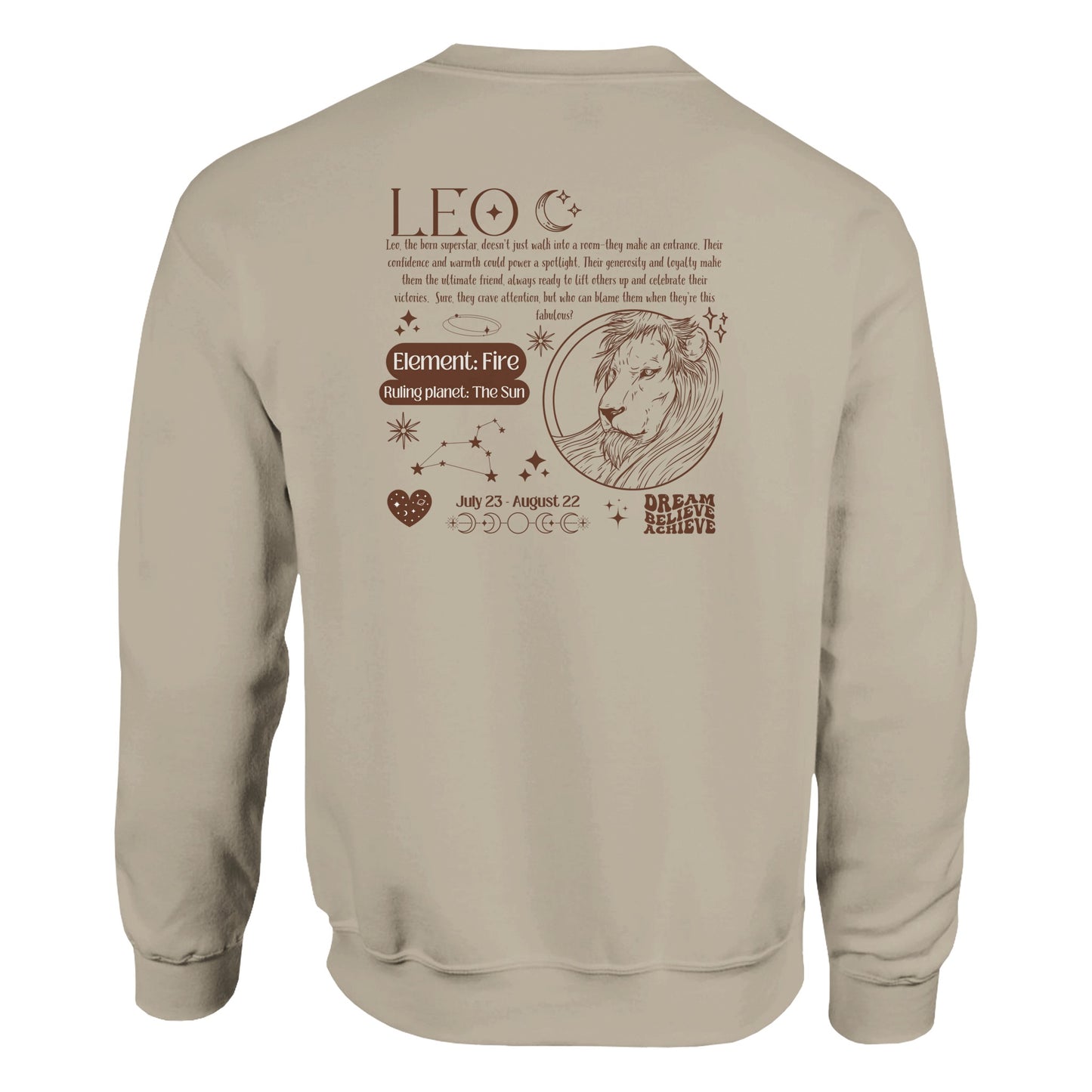 Back of sand retro-style sweatshirt with Leo design featuring Leo symbol, lion illustration, element fire, ruling planet sun, and Leo traits.